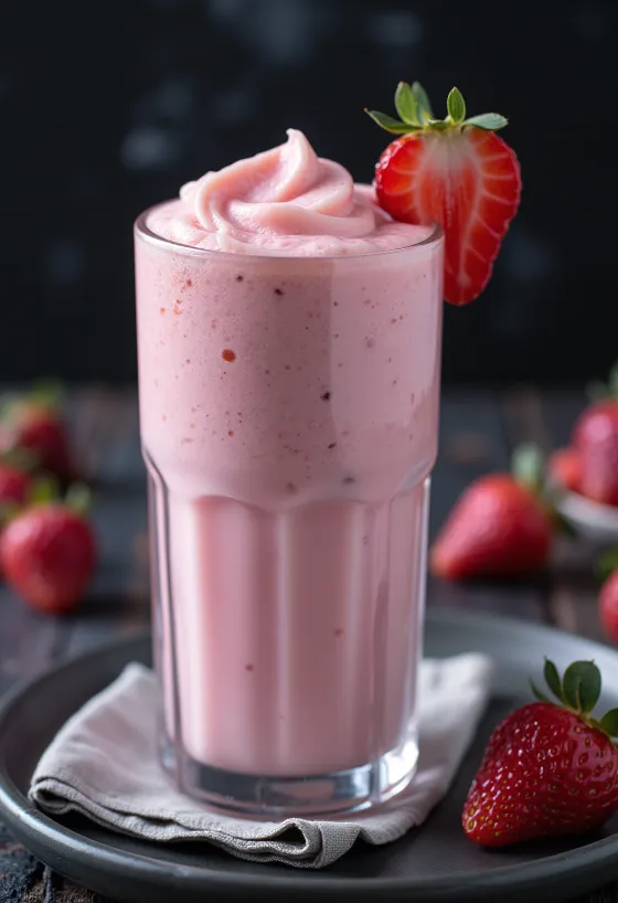 Strawberry milkshake served in a glass