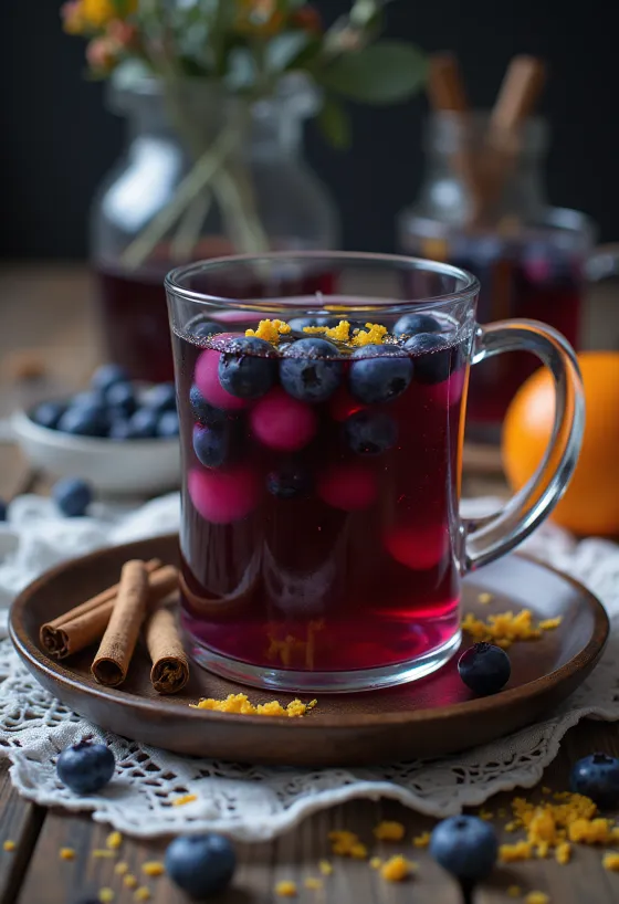 Cinnamon and blueberry cider warming drink garnished with cinnamon stick and blueberries