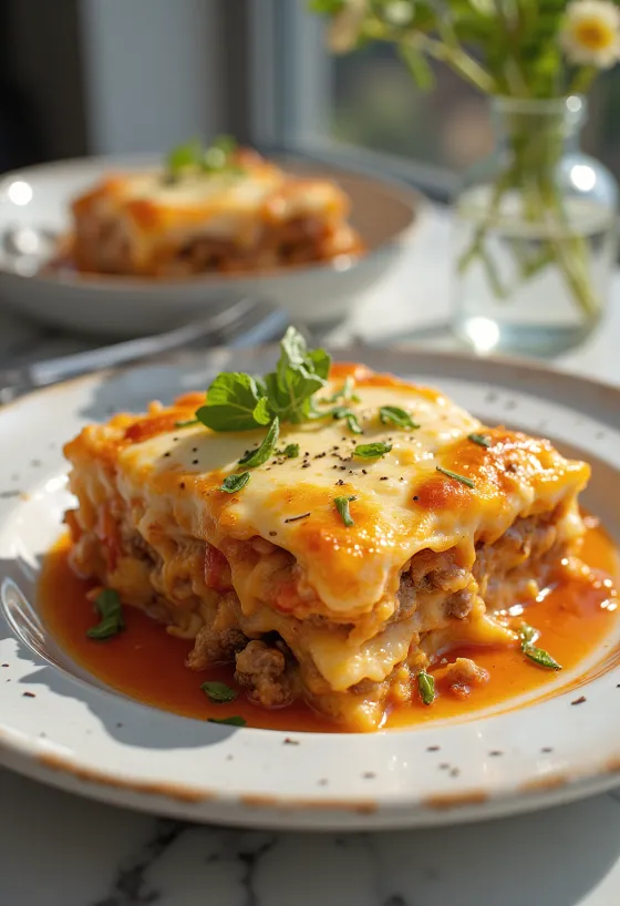 Traditional Greek moussaka served with layered aubergine, minced meat and béchamel sauce.
