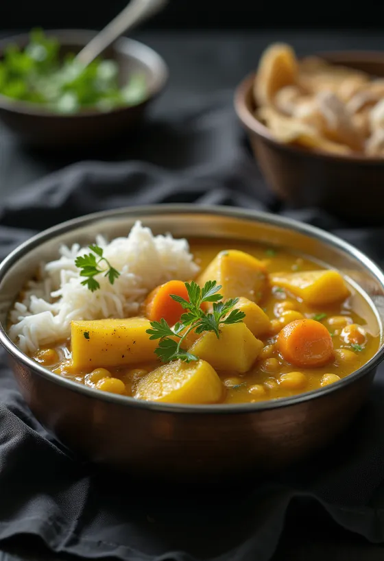 Sambar with potatoes, served with fresh coriander