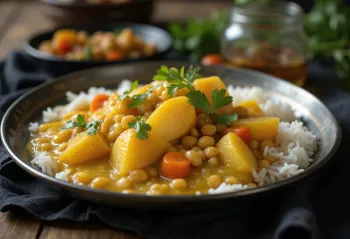 Sambar with potatoes, served with fresh coriander