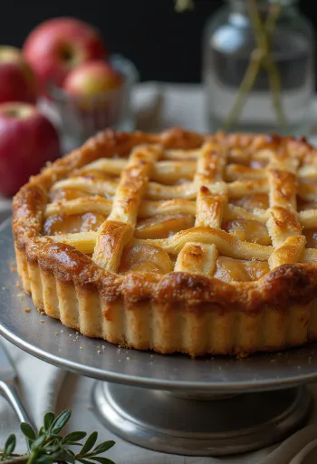 Treacle tart with apple, in fresh pastry and rich golden syrup filling