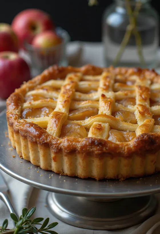Treacle tart with apple, in fresh pastry and rich golden syrup filling