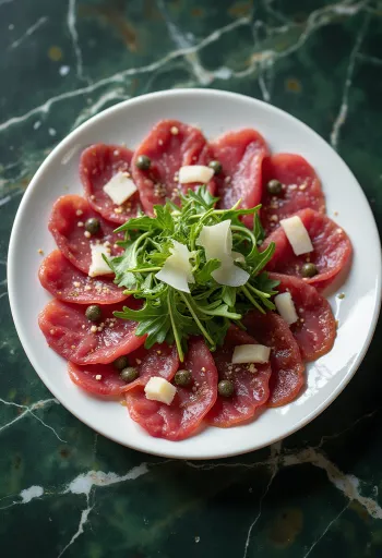 Venison carpaccio garnished with rocket and Parmesan