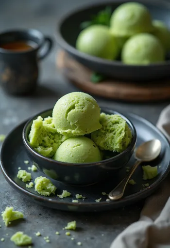 Scoops of green tea sorbet