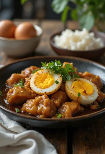 Adobo served with eggs, chicken and eggs united as a mouthwatering meal.