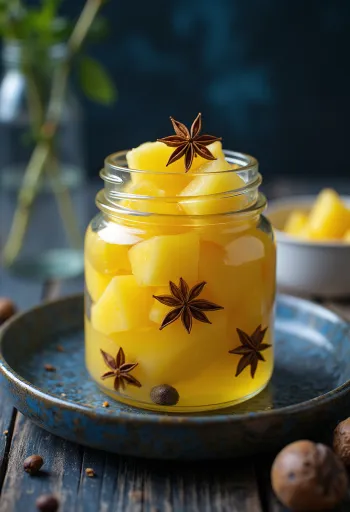 Sweet and sour pickled pineapple served in a jar