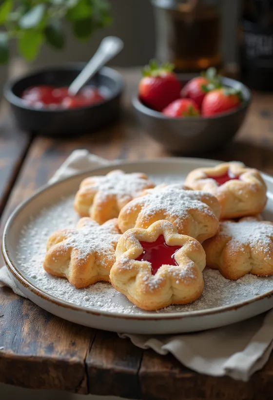 Strawberry Linzer biscuits dusted with icing sugar, filled with jam