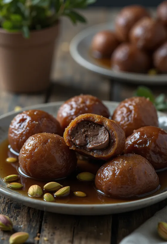 Chocolate stuffed Gulab Jamun coated in rich chocolate, soaked in syrup