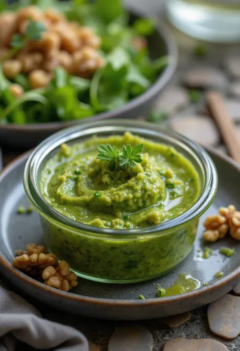 Pesto with rocket and walnuts, fresh green sauce served