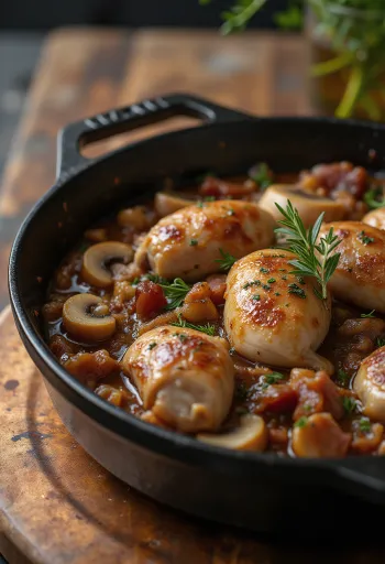 Pheasant casserole served in a rustic dish with fresh herbs.