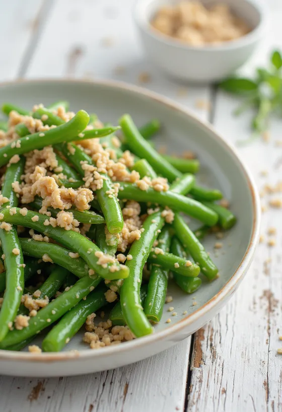 Green beans with sesame dressing served