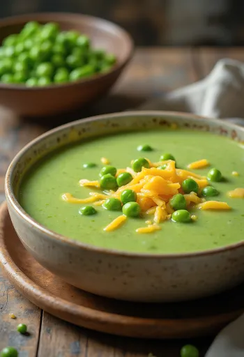 Cheesy Pea Soup served in a bowl