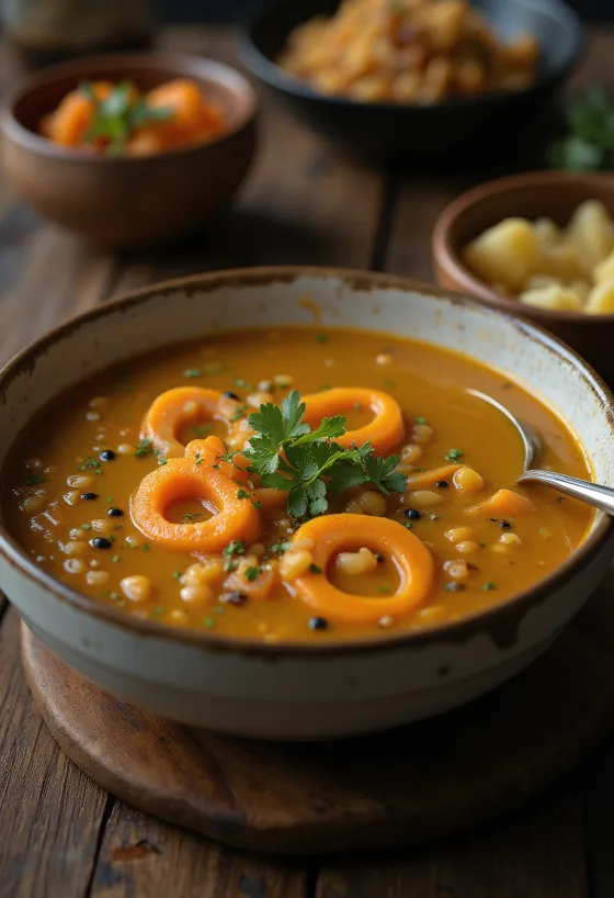 Sambar served with carrots, spicy and mouth-watering Indian dish