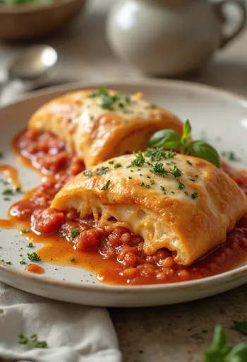 Stromboli with tomato sauce served, rich tomato sauce and melted mozzarella on top, crispy outside and soft inside.