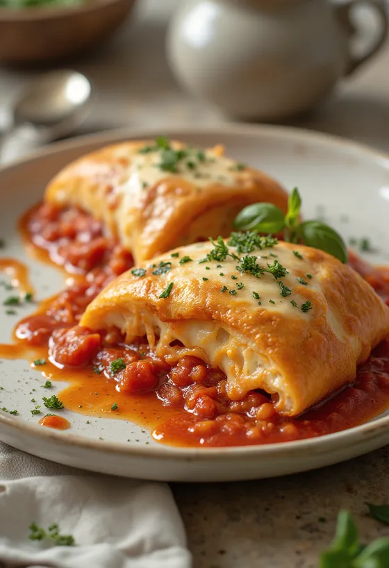 Stromboli with tomato sauce served, rich tomato sauce and melted mozzarella on top, crispy outside and soft inside.