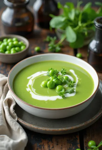 Spring pea soup served