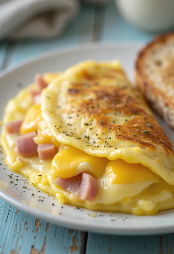 Stuffed omelette with fresh vegetables and melted cheese inside