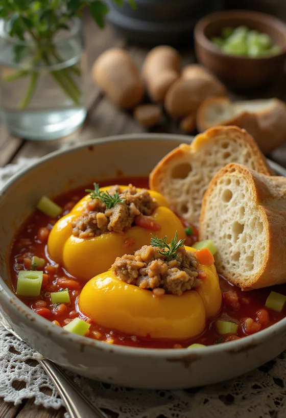Stuffed peppers in tomato sauce, filled with rice and minced meat