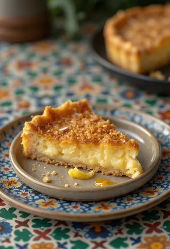 Treacle tart with desiccated coconut, freshly baked to a golden brown