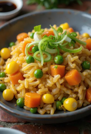 Vegan fried rice with vegetables, served fresh in a wok.