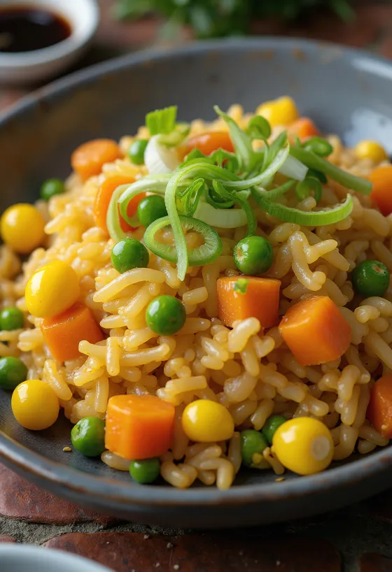 Vegan fried rice with vegetables, served fresh in a wok.