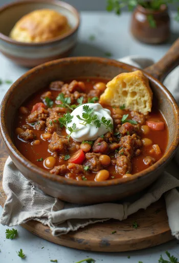 Venison chilli served in a rustic bowl