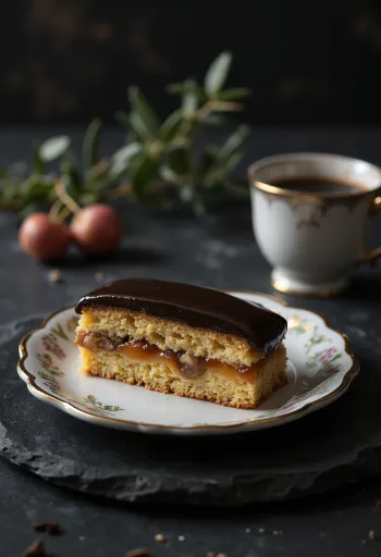 Homemade Gerbeaud cake with crumbly dough, walnut filling, and chocolate coating
