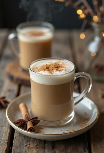 Chai tea latte in a mug, decorated with cinnamon and cardamom