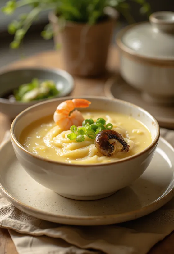 Chawanmushi with mirin, steamed egg dish with prawn and mushroom pieces