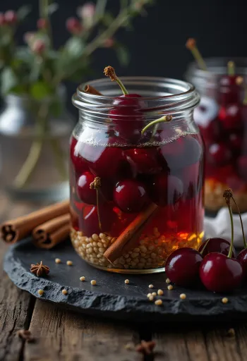 Sweet and sour pickled cherries served in a jar