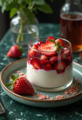 Strawberry trifle pots layered and garnished with fresh mint