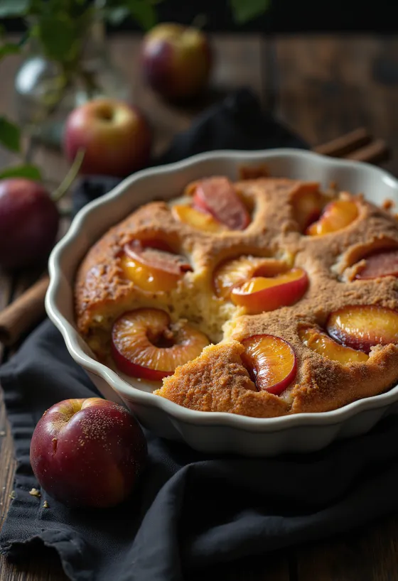 Cinnamon plum cake served with icing sugar and cinnamon