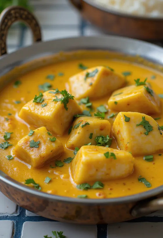 Kerala fish curry with pork served in a rich coconut base