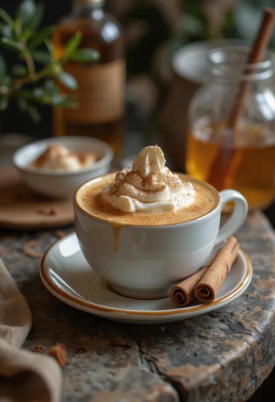 Honey and cinnamon latte, garnished with whipped cream and a cinnamon stick