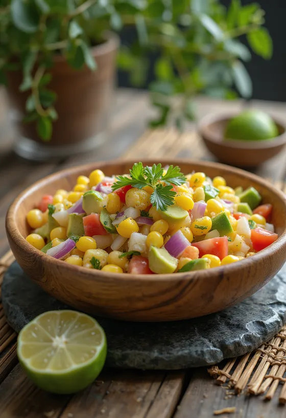 Mote ensalada, with corn, tomato and avocado