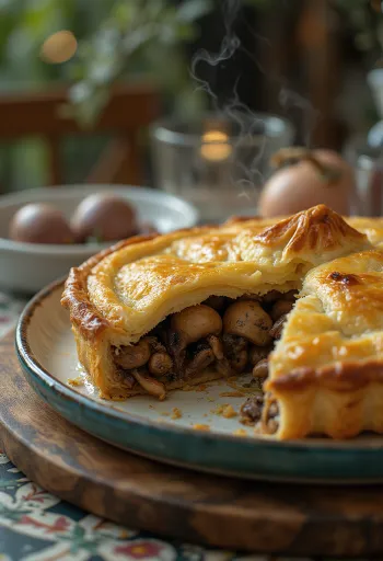 Pigeon pie served with golden crust.