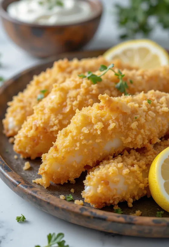 Golden fried breaded fish served with fresh lemon slices and salad.