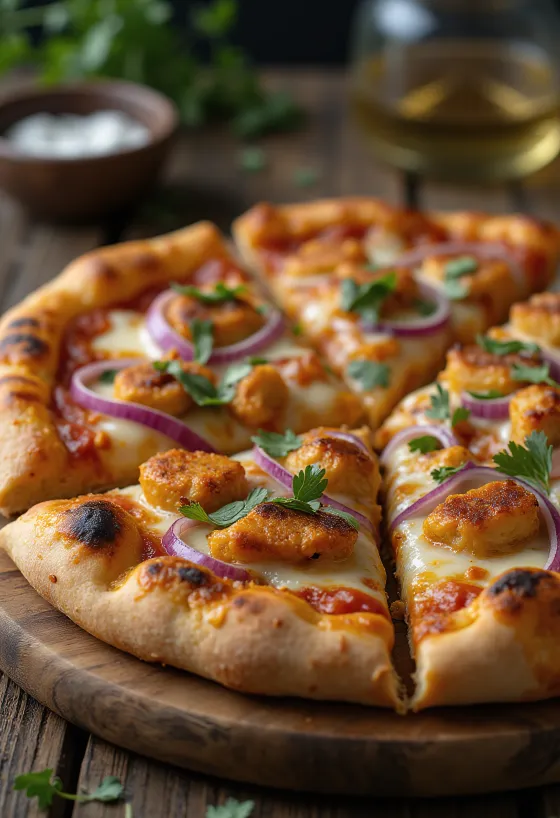 Tandoori chicken pizza, spicy chicken pieces, mozzarella cheese and coriander