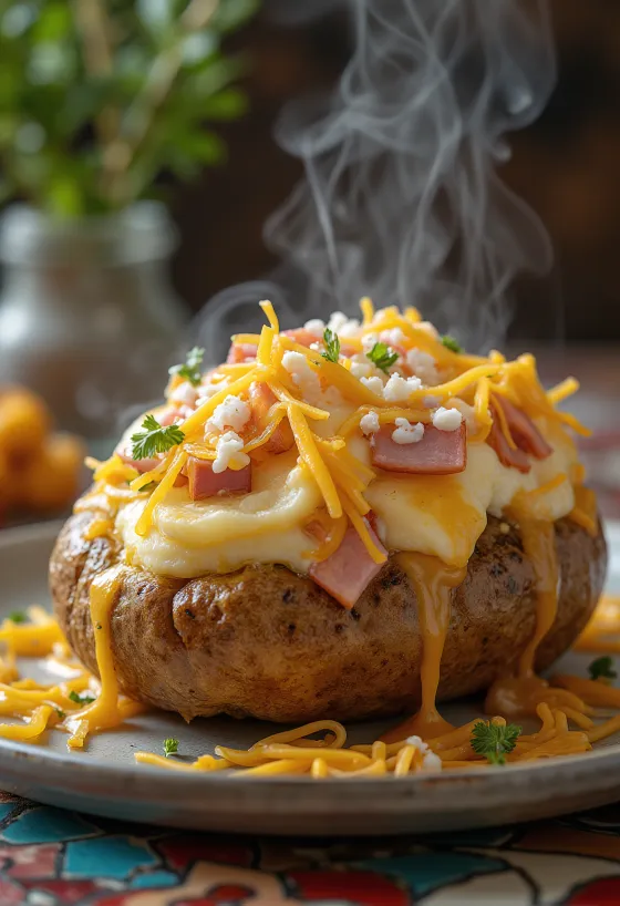 Stuffed potatoes baked with cheese, ham, and vegetables