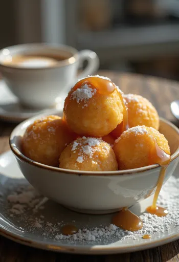 Zeppole with caramel cream, fresh and sweet doughnut garnish