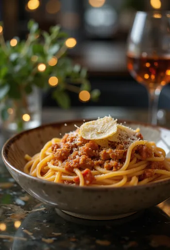 Spaghetti Bolognese served with fresh basil and Parmesan
