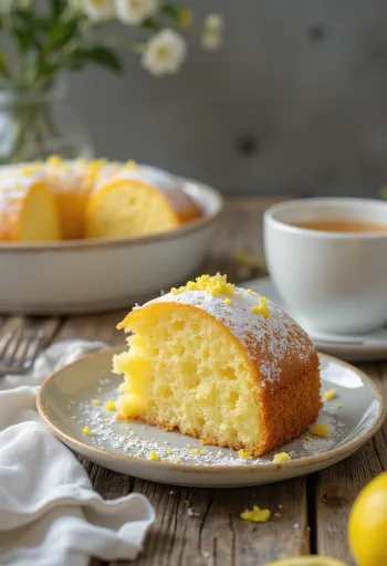Lemon cake with fresh lemon zest and icing sugar dusting