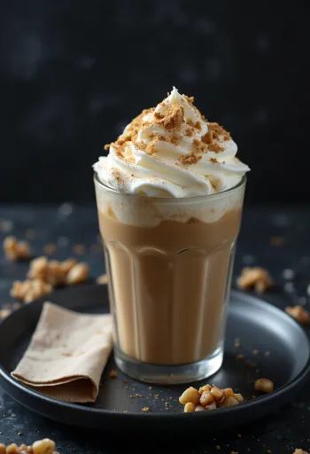 Cinnamon and walnut frappuccino garnished with whipped cream and ground walnuts