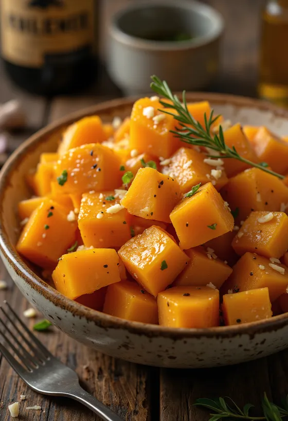 Boiled sweet potato with garlic served with fresh parsley