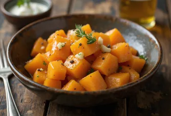 Boiled sweet potato with garlic served with fresh parsley