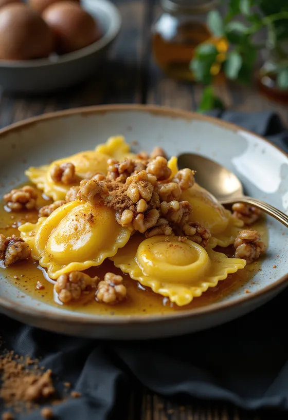 Caramelised apple and walnut ravioli served