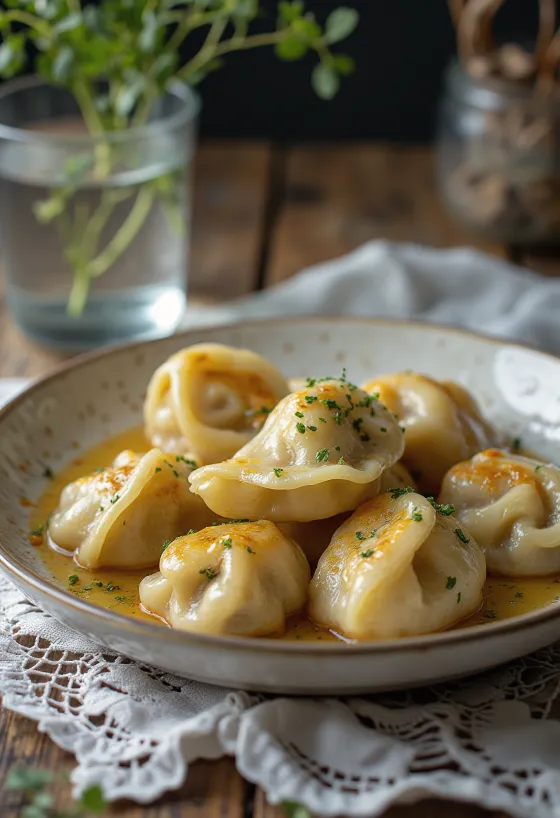 Smoked meat pelmeni served with sour cream
