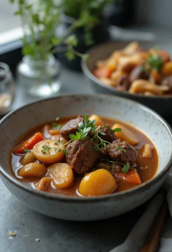Porcupine stew served in a rustic bowl with fresh herbs.