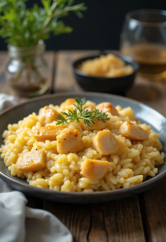 Risotto with chicken, served with parmesan and fresh parsley